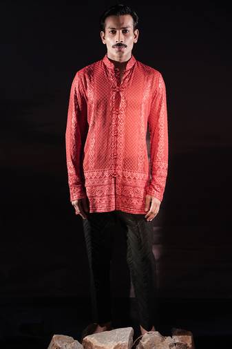 Rust embroidered georgette kurta