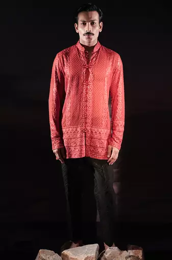 Rust embroidered georgette kurta