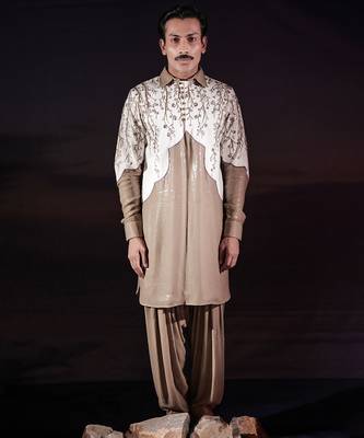 Beige embroidered silk kurta set 1