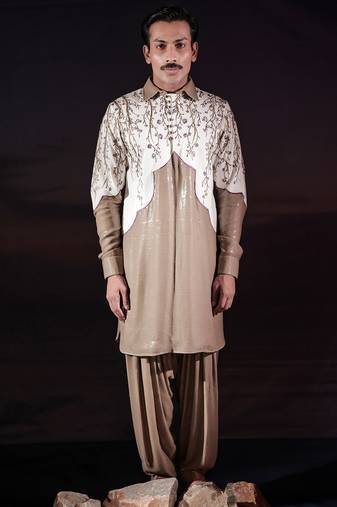 Beige embroidered silk kurta set