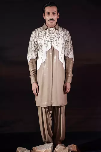 Beige embroidered silk kurta set