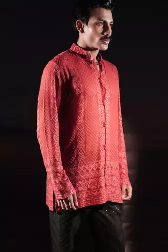 Rust embroidered georgette kurta