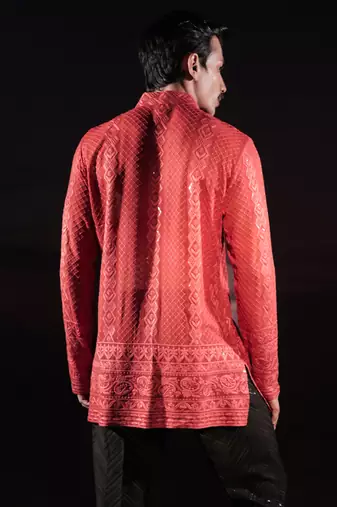 Rust embroidered georgette kurta