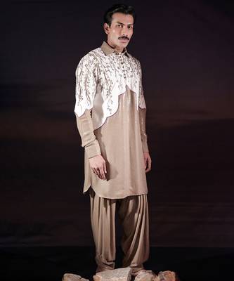 Beige embroidered silk kurta set 2