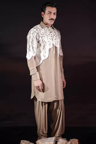Beige embroidered silk kurta set