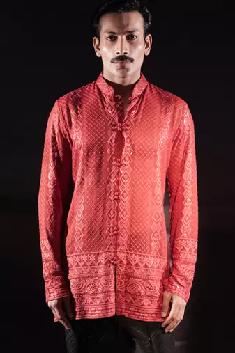 Rust embroidered georgette kurta