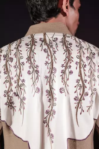 Beige embroidered silk kurta set