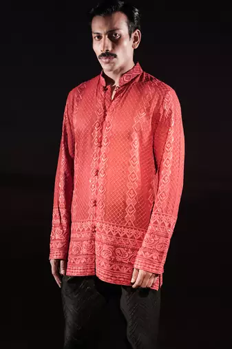 Rust embroidered georgette kurta