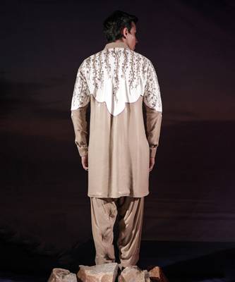 Beige embroidered silk kurta set 4