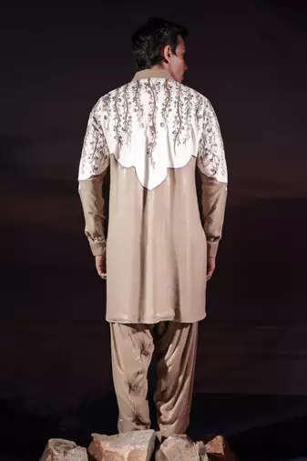Beige embroidered silk kurta set
