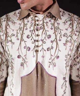 Beige embroidered silk kurta set 5