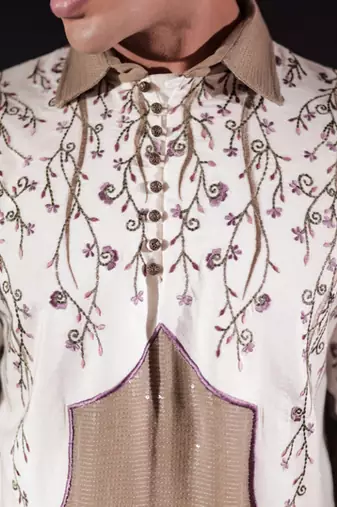 Beige embroidered silk kurta set