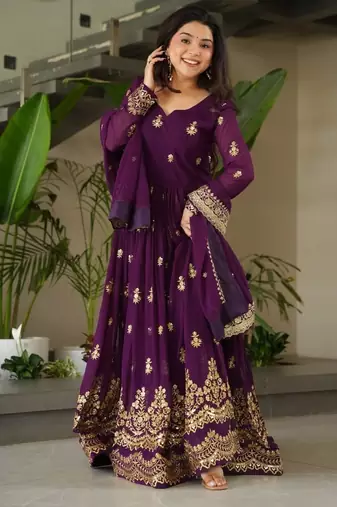 Faux blooming designer gown is luxury clothing considered to be high quality made by zari thread & sequins embroidery