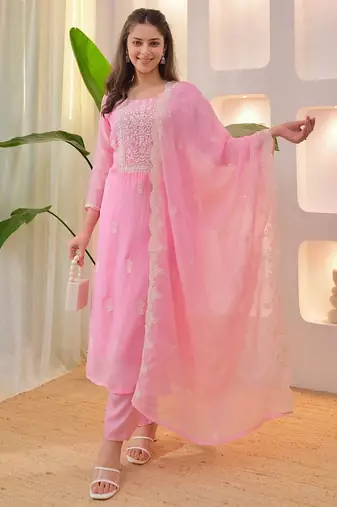 Women's Beautiful Chikankari Work Chanderi Fabric Straight Kurta Pant and Dupatta Set