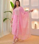 Women's Beautiful Chikankari Work Chanderi Fabric Straight Kurta Pant and Dupatta Set