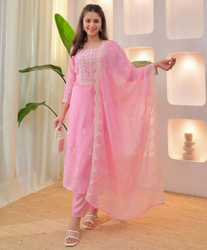 Women's Beautiful Chikankari Work Chanderi Fabric Straight Kurta Pant and Dupatta Set