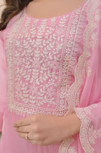  Chikankari Work Chanderi Straight Kurta Pant and Dupatta Set