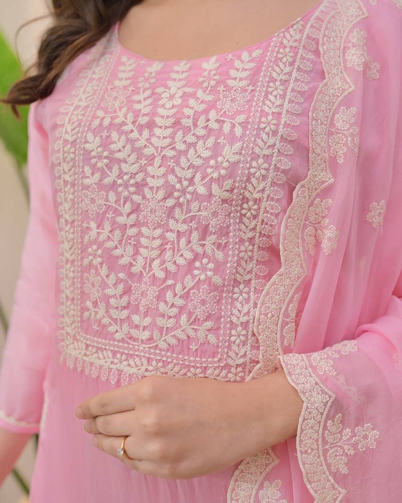 Women's Beautiful Chikankari Work Chanderi Fabric Straight Kurta Pant and Dupatta Set