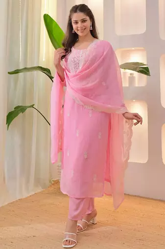  Chikankari Work Chanderi Straight Kurta Pant and Dupatta Set