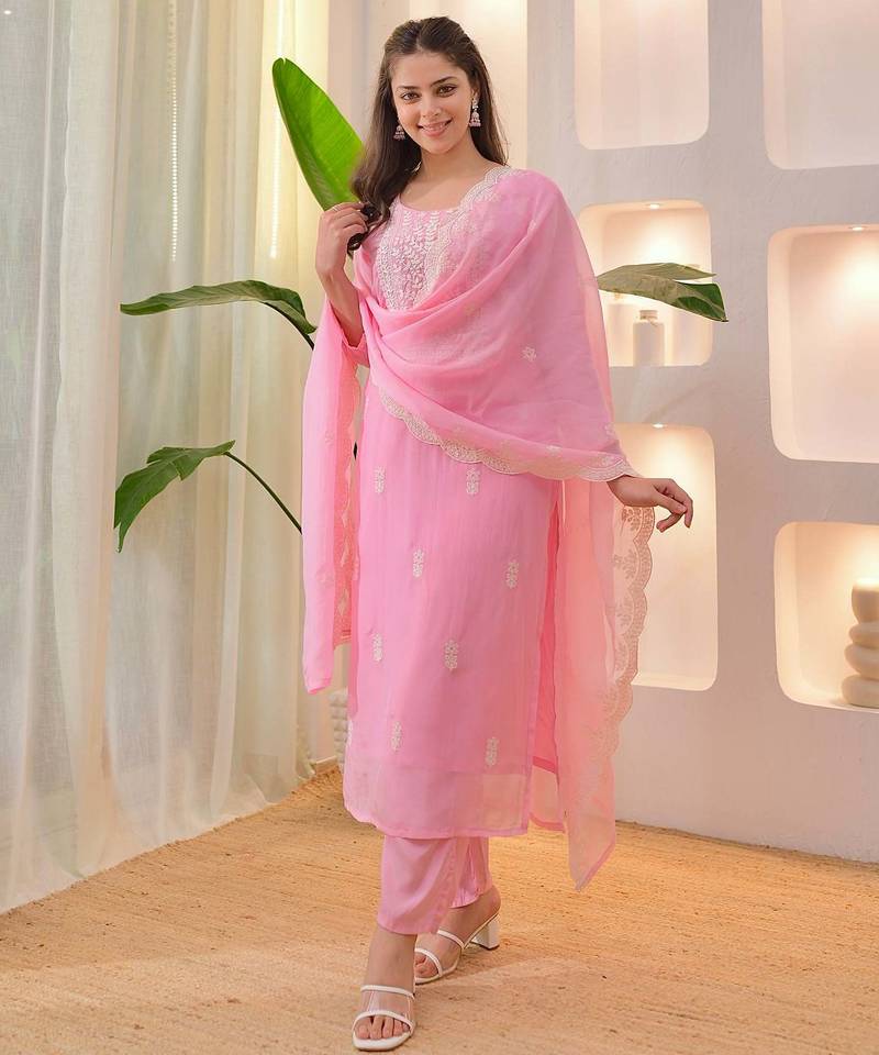 Women's Beautiful Chikankari Work Chanderi Fabric Straight Kurta Pant and Dupatta Set