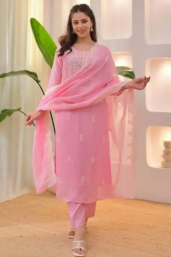  Chikankari Work Chanderi Straight Kurta Pant and Dupatta Set