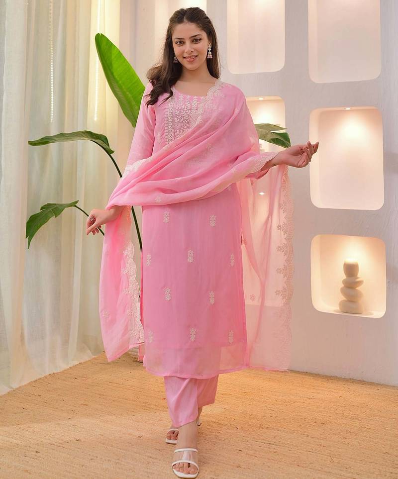 Women's Beautiful Chikankari Work Chanderi Fabric Straight Kurta Pant and Dupatta Set