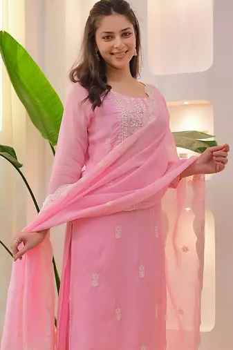  Chikankari Work Chanderi Straight Kurta Pant and Dupatta Set