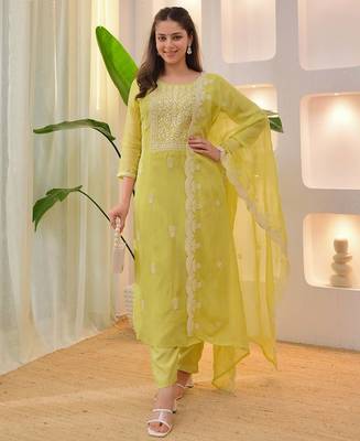  Chikankari Work Chanderi Straight Kurta Pant and Dupatta Set 1
