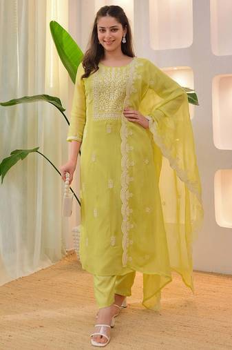 Women's Beautiful Chikankari Work Chanderi Fabric Straight Kurta Pant and Dupatta Set