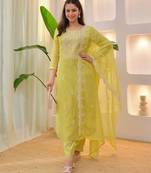  Chikankari Work Chanderi Straight Kurta Pant and Dupatta Set