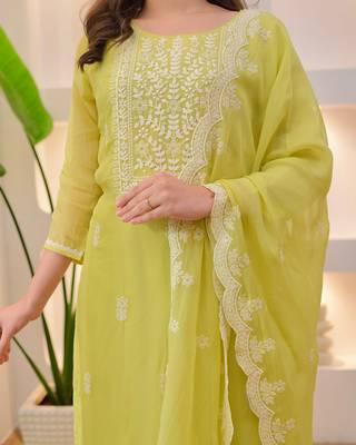  Chikankari Work Chanderi Straight Kurta Pant and Dupatta Set 2