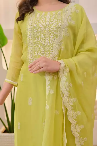  Chikankari Work Chanderi Straight Kurta Pant and Dupatta Set