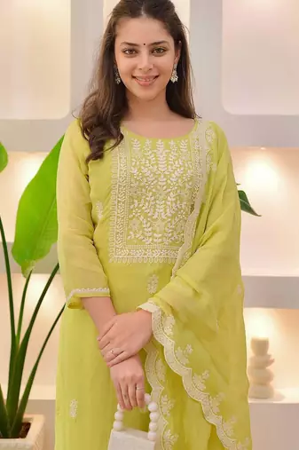 Chikankari Work Chanderi Straight Kurta Pant and Dupatta Set