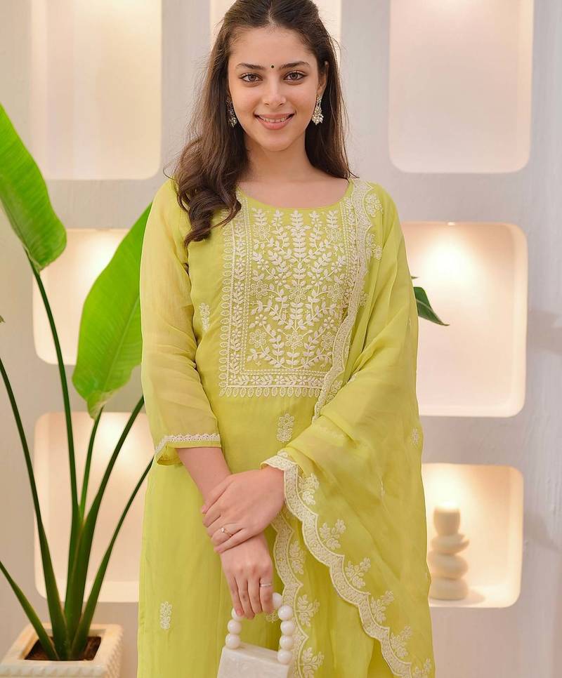 Women's Beautiful Chikankari Work Chanderi Fabric Straight Kurta Pant and Dupatta Set