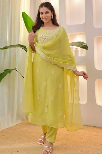  Chikankari Work Chanderi Straight Kurta Pant and Dupatta Set