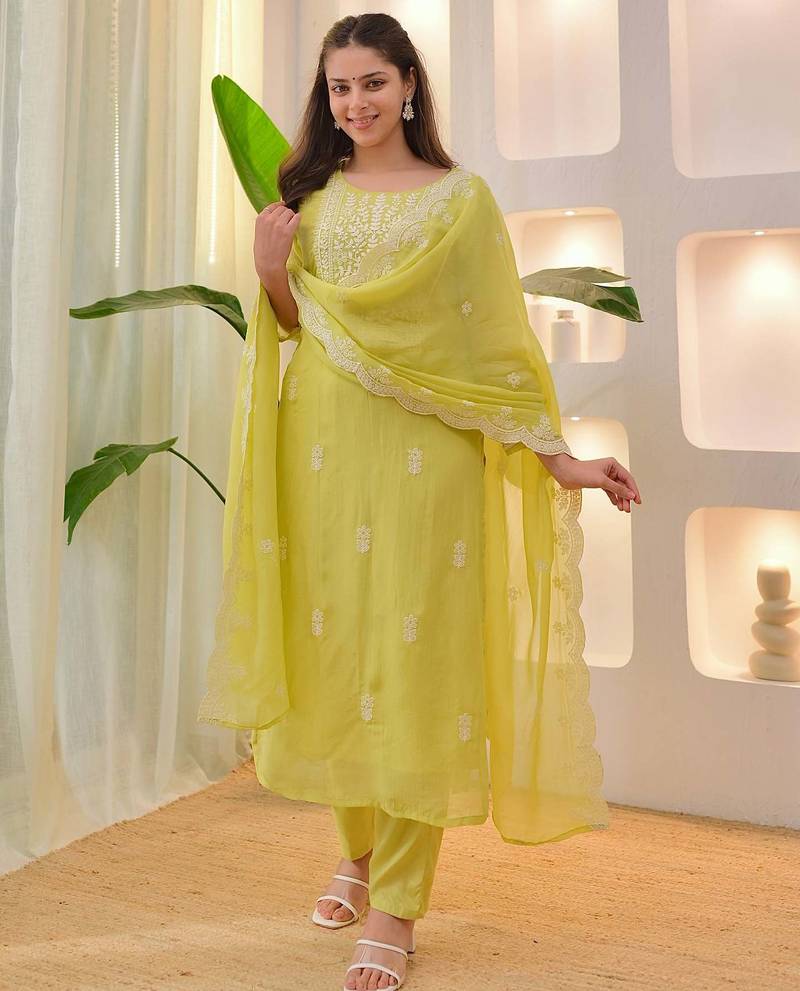 Women's Beautiful Chikankari Work Chanderi Fabric Straight Kurta Pant and Dupatta Set