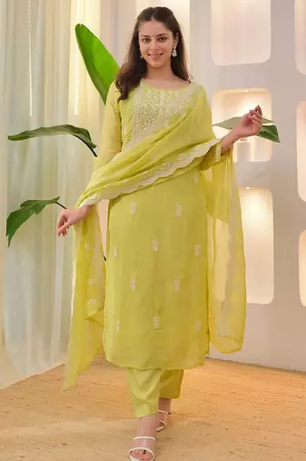  Chikankari Work Chanderi Straight Kurta Pant and Dupatta Set