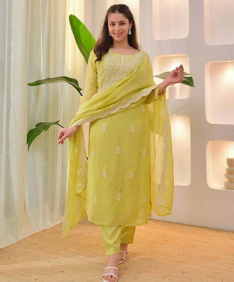 Women's Beautiful Chikankari Work Chanderi Fabric Straight Kurta Pant and Dupatta Set