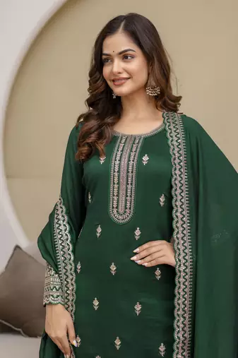 Trendmalls Green New Art Silk Embroidery Kurta Palazzo with Dupatta Set