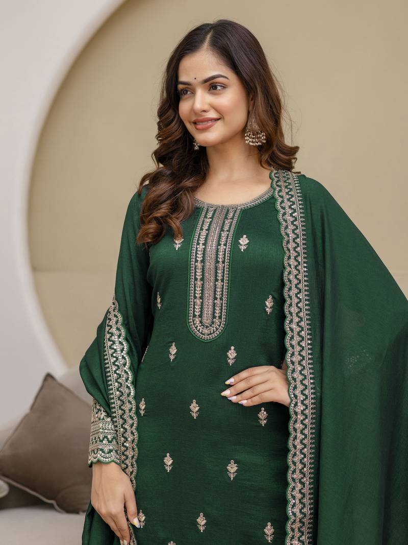 Green New Art Silk Embroidery Kurta Palazzo with Dupatta Set