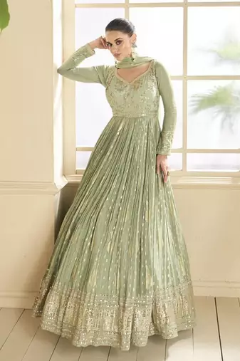pista green banarasi silk anarkali suit for women wedding wear
