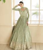pista green banarasi silk anarkali suit for women wedding wear