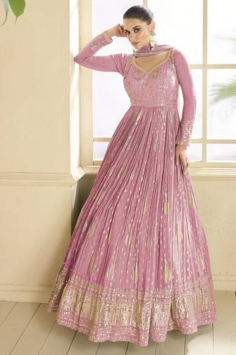 beautiful pink banarasi silk anarkali suit for women wedding wear