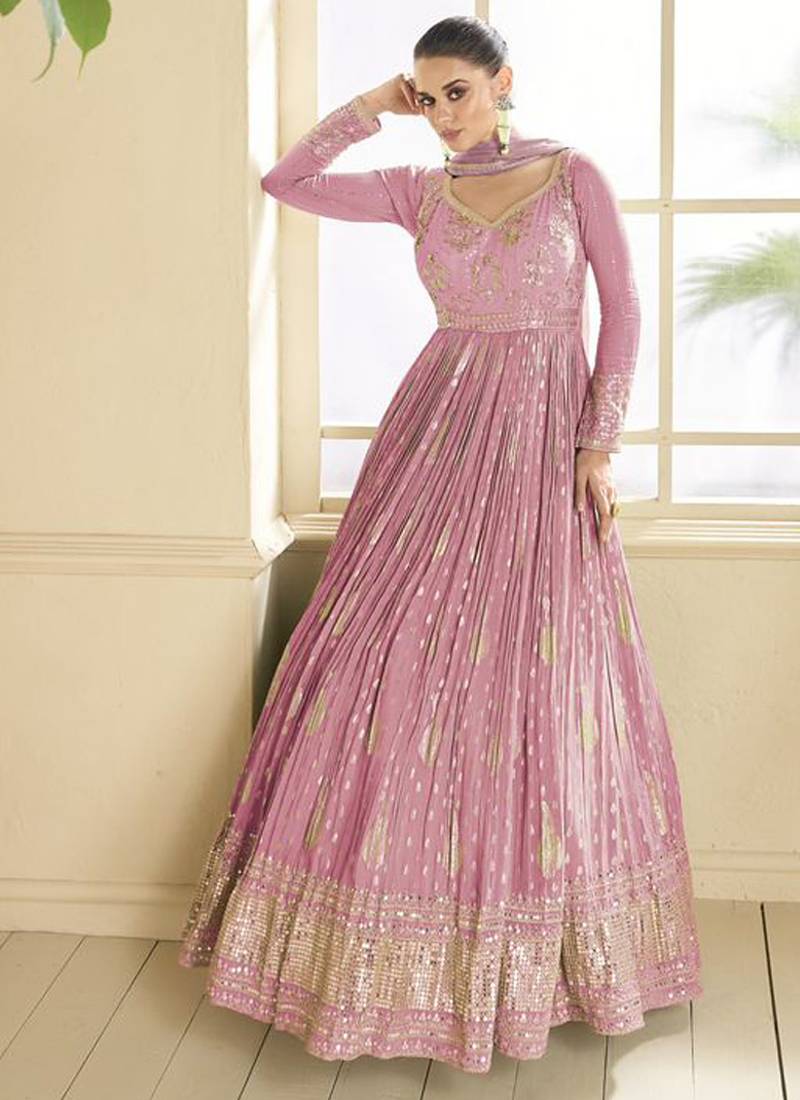 beautiful pink banarasi silk anarkali suit for women wedding wear