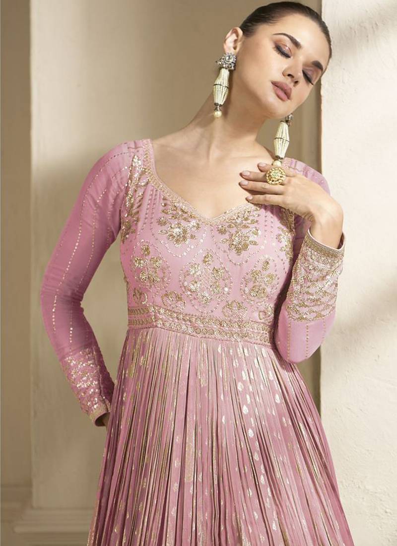 beautiful pink banarasi silk anarkali suit for women wedding wear