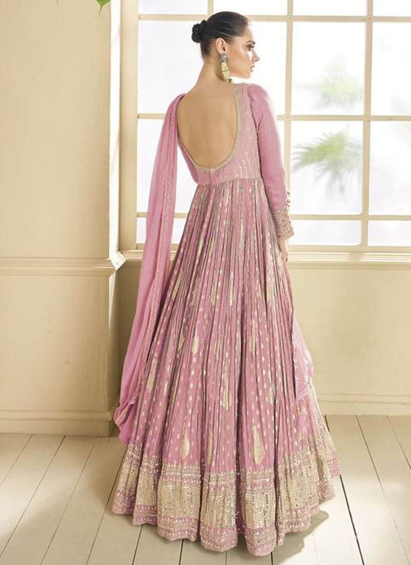 beautiful pink banarasi silk anarkali suit for women wedding wear