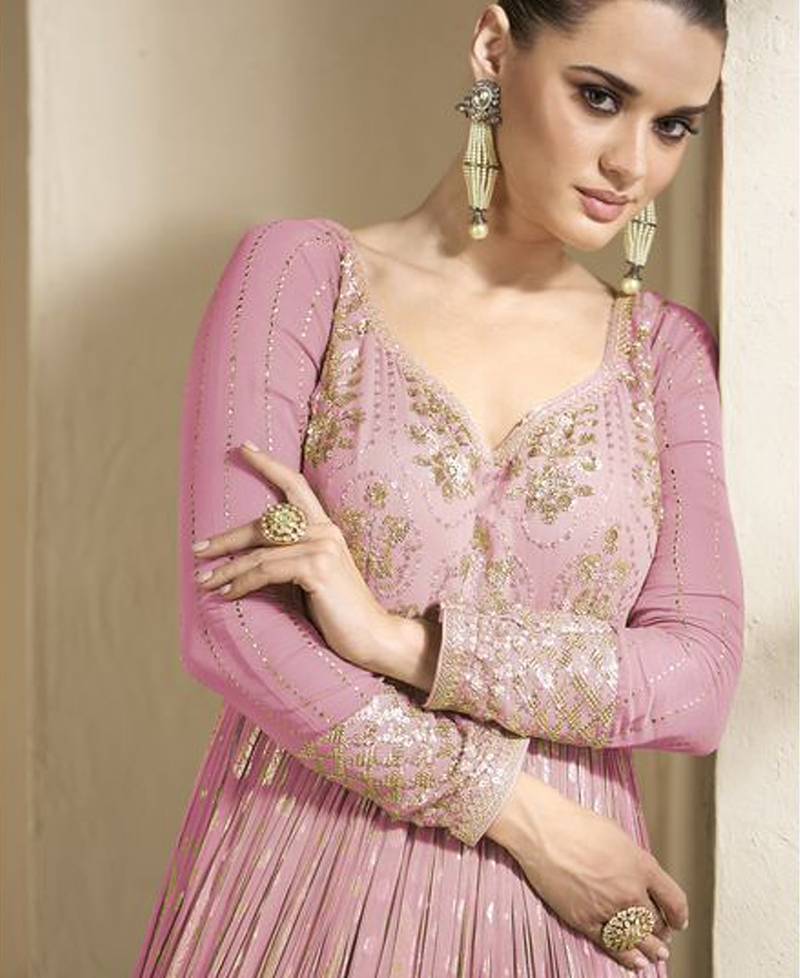 beautiful pink banarasi silk anarkali suit for women wedding wear