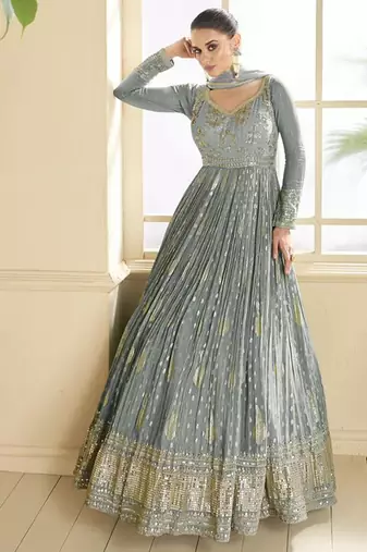 beautiful grey banarasi silk anarkali suit for women wedding wear