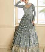 beautiful grey banarasi silk anarkali suit for women wedding wear