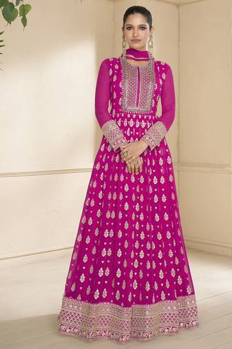 trendy banarasi silk pink anarkali suit for women festival wear